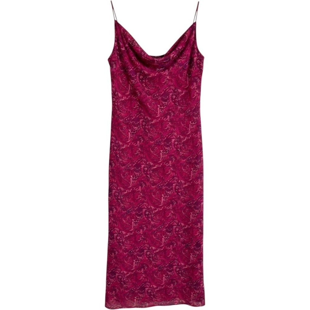 Vintage Y2K Fuchsia Paisley Slip Dress Maxi Dress Cowl Neck Bias Cut USA 11/12 - Picture 2 of 12